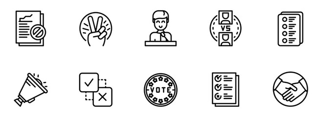 Modern Line Icons: Voting, Politics, Elections, Campaigning,  Decision-Making,  Debate,  Agreement,  and  Public Speaking.