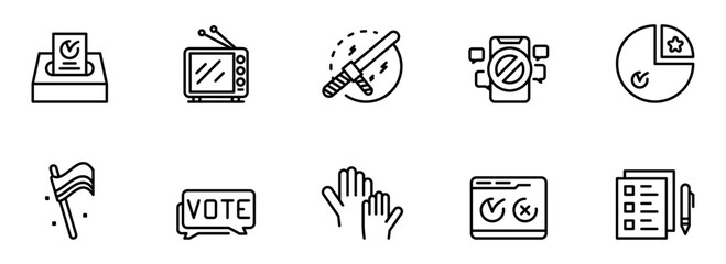 Modern Line Icons: Voting, Censorship, Protest, and Election Results;  Black and White Minimalist Style;  Serious and Informative Mood.