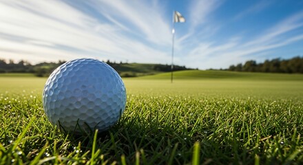 Obraz premium Golf Ball on Green with Flag in Background