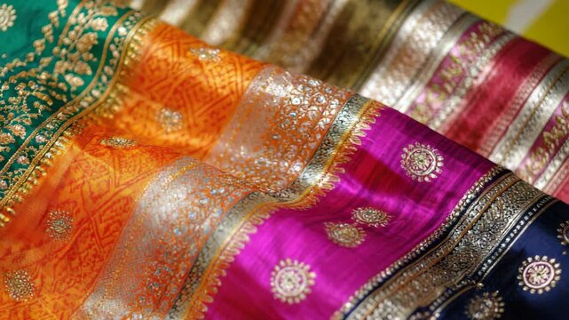 Multicolored saree blouses in gold, orange and pink with traditional embroidery patterns.