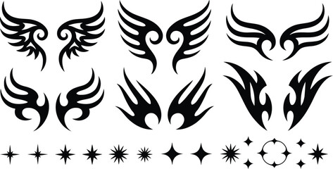 Abstract and Tribal Wing Tattoos with Stars: A Vector Set of Angel, Devil, and Tribal Wing Designs and Sparkling Star Symbols