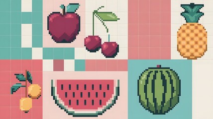 A 16-bit style pixel art grid containing various fruits.