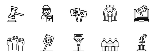 Line art icons: protest, law, order, demonstration, activism, social justice, rights, online activism, gavel, shield, signs, crowd, speech, digital protest, peaceful demonstration, legal action.