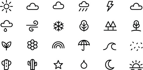 Nature and Weather Icon Set: A Collection of Vector Outline Symbols for Forecast, Seasons, Environment, and Climate