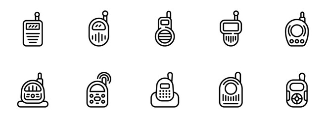 Collection of Ten Modern Baby Monitor Icons: Outline Style, Minimalist Design, White Background.