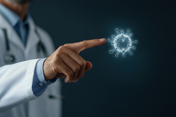 Doctor in a lab coat pointing at a virtual model of the coronavirus, utilizing cutting edge technology for advanced medical research, precise diagnosis, and effective treatment strategies