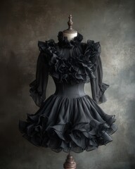 Elegant designer black dress showcase fashion studio photography luxurious atmosphere close-up view