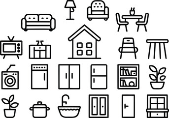 Home Furniture and Household Appliances Icon Set: A Collection of Vector Outline Symbols for Interior Design, Real Estate, and Housekeeping