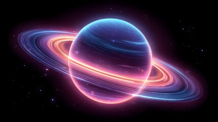 Colorful, glowing ringed planet in outer space.
