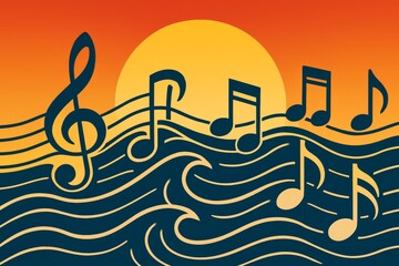 Musical notes flow like ocean waves at warm sunset, abstract vector background ideal for covers, posters, playlists.