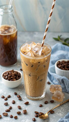 Coffee pouring from bottle into glass with ice and milk, surrounded by roasted beans, refreshing iced coffee drink, summer beverage concept, overhead view