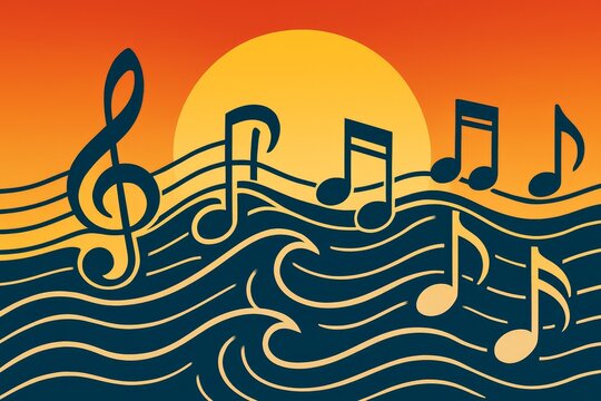 Musical notes flow like ocean waves at warm sunset, abstract vector background ideal for covers, posters, playlists.