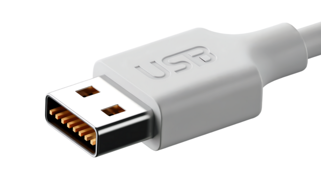 Close-up of White USB Connector with Gold Pins on Black Background cable technology isolated on a transparent background