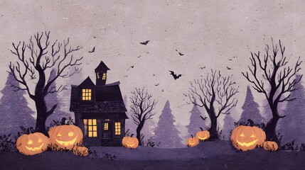 Eerie halloween scene with a spooky haunted house silhouetted bare trees and glowing jack o lanterns under a twilight sky