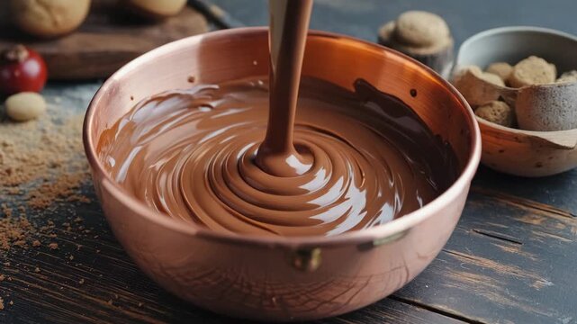 warm melted chocolate swirling into a rustic copper bowl