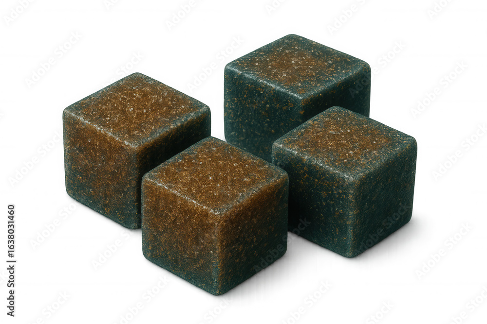 Poster four textured cubes with a metallic and rough surface, arranged to form a pyramid shape, isolated on