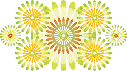 A group of stylized flowers with green petals and yellow centers arranged in a floral pattern design
