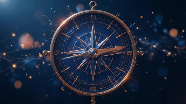 Abstract Compass on Dark Blue Background with Glowing Dots and Lines. 4k video
