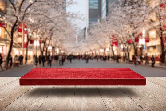 Red platform over blurred city street with cherry blossoms