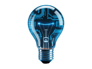 Transparent Light Bulb with Blue Circuit Board Design and Glowing Filament idea innovation isolated on a transparent background