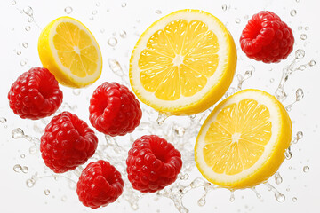 Raspberries and Lemon Slices with Water Splash