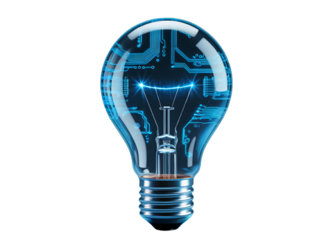 Transparent Light Bulb with Blue Circuit Board Design and Glowing Filament idea innovation isolated on a transparent background