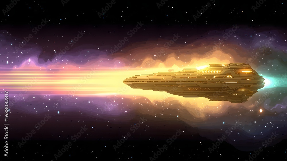 Poster a large spacecraft streaks through a nebula in deep space.