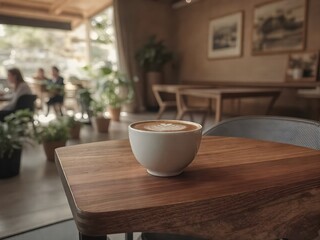 Ceramic Coffee Cup with Latte Art in Cozy Modern Caf&eacute; &ndash; Warm Scandinavian Interior with Natural Light (AI Generated)