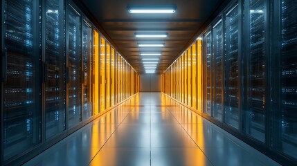 Modern data center server room with bright lights showcasing technology and information storage