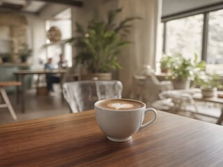 Ceramic Coffee Cup with Latte Art in Cozy Modern Caf&eacute; &ndash; Warm Scandinavian Interior with Natural Light (AI Generated)