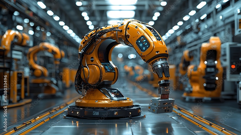 Poster automated robotic arms sorting boxes in a futuristic warehouse