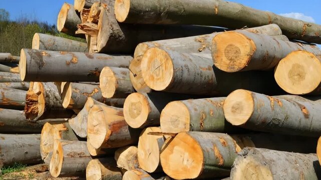 Stacked tree trunks ready for processing in sunny woodland