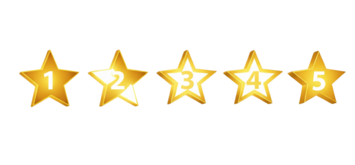 Five golden stars rating system with numbers 1 to 5 isolated on transparent background