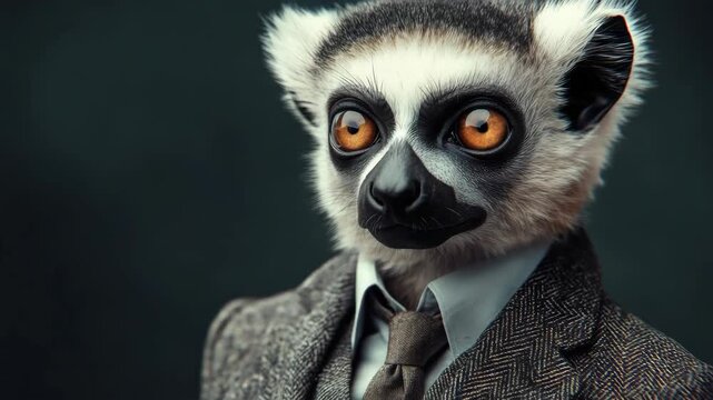 A humorous lemur wearing a tie and glasses, styled as an animated character