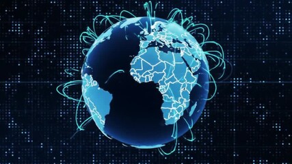 A spinning digital Earth with a glowing network of data streams, symbolizing global technology and communication. - Powered by Adobe