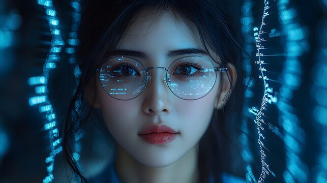 Asian scientist analyzing holographic DNA data with futuristic technology - Powered by Adobe