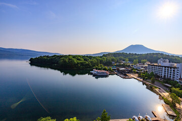 Sunrise over Lake Akan and Mount Oakan in Hokkaido, Japan
