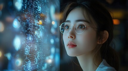 An Asian scientist analyzes emotional data on a holographic display