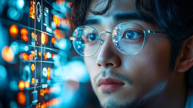 Asian scientist analyzing emotions on holographic display