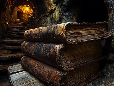 Aged books rest atop a wooden platform within a dimly lit tunnel.