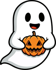 Cartoon Halloween Ghost Holding Jack-o'-Lantern – Cute Flat Vector Illustration Isolated on White