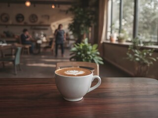 Ceramic Coffee Cup with Latte Art in Cozy Modern Caf&eacute; &ndash; Warm Scandinavian Interior with Natural Light (AI Generated)