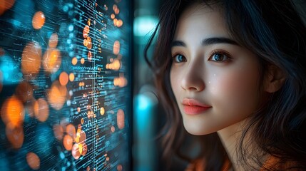 Asian scientist examining health data on futuristic digital interface