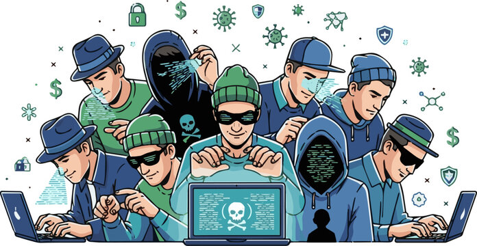Create a kinds of deferent Man with hat hacking laptop icon. Computer hacker symbol. Fraud on internet and cybersecurity concept. vector art with white background.
