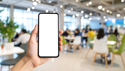 Smartphone held in hand, blurred office cafeteria background