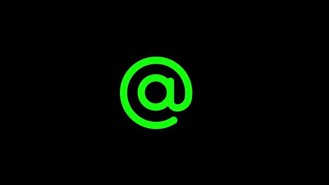 Animated glowing green at symbols moving on black background, digital communication concept, seamless loop, modern internet email icon animation, social media, online messaging, technology background