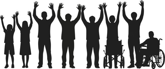 Create a kinds of deferent People raised hand icon,. vector art silhouette with white background.
