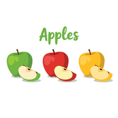 Three colorful apples with slices on a white background