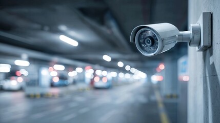 Modern security camera in underground parking garage providing safety and surveillance