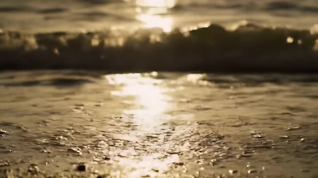 Golden sunset illuminates the beach, casting vibrant reflections on the tranquil sea as the waves gently lap the shore
